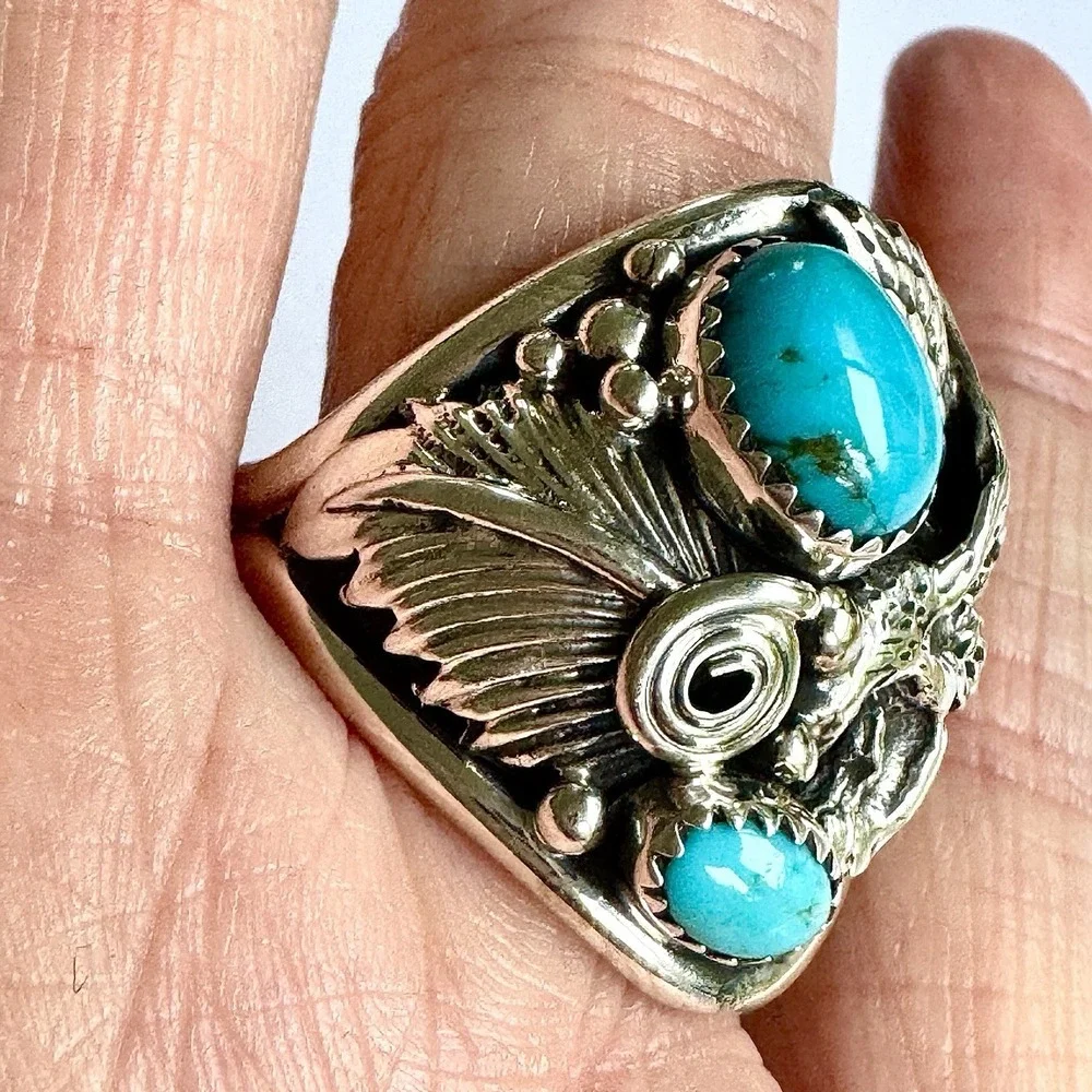 Navajo Eagle Mens Ring Turquoise Sz 14 Signed DM Sterling Native American USA
